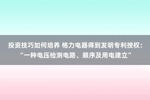 投资技巧如何培养 格力电器得到发明专利授权：“一种电压检测电路、顺序及用电建立”